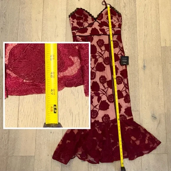 Lulus Alluring Dream Burgundy Floral Mesh Lace Trumpet Midi Dress Red - Size M - Picture 9 of 10